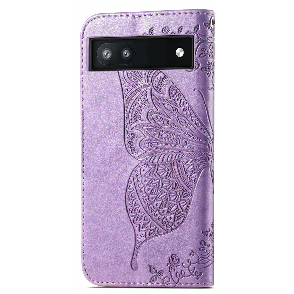 For Google Pixel 6a Butterfly Flower Imprinted PU Leather Wallet Flip Case with Stand and Strap