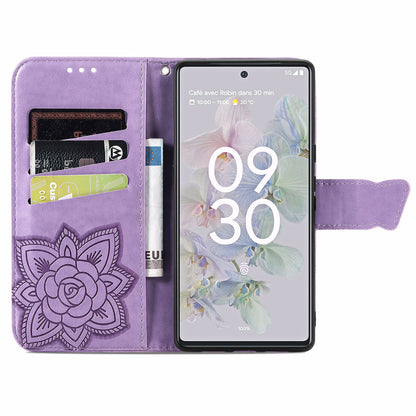 For Google Pixel 6a Butterfly Flower Imprinted PU Leather Wallet Flip Case with Stand and Strap