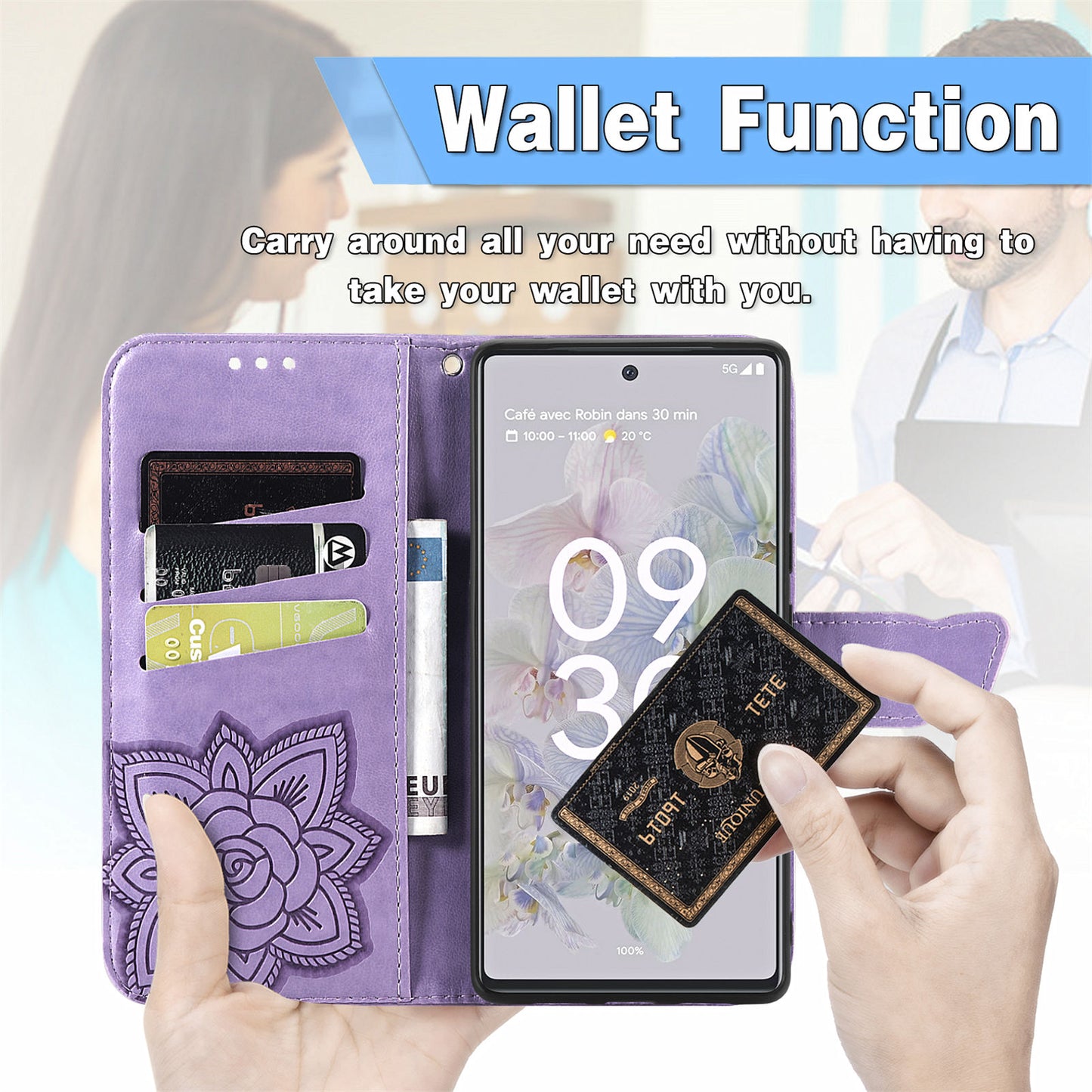 For Google Pixel 6a Butterfly Flower Imprinted PU Leather Wallet Flip Case with Stand and Strap