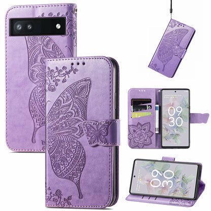 For Google Pixel 6a Butterfly Flower Imprinted PU Leather Wallet Flip Case with Stand and Strap