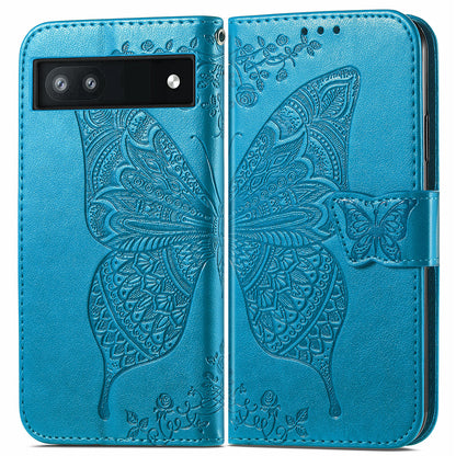 For Google Pixel 6a Butterfly Flower Imprinted PU Leather Wallet Flip Case with Stand and Strap