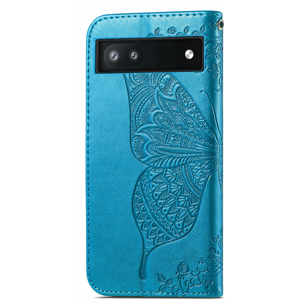 For Google Pixel 6a Butterfly Flower Imprinted PU Leather Wallet Flip Case with Stand and Strap