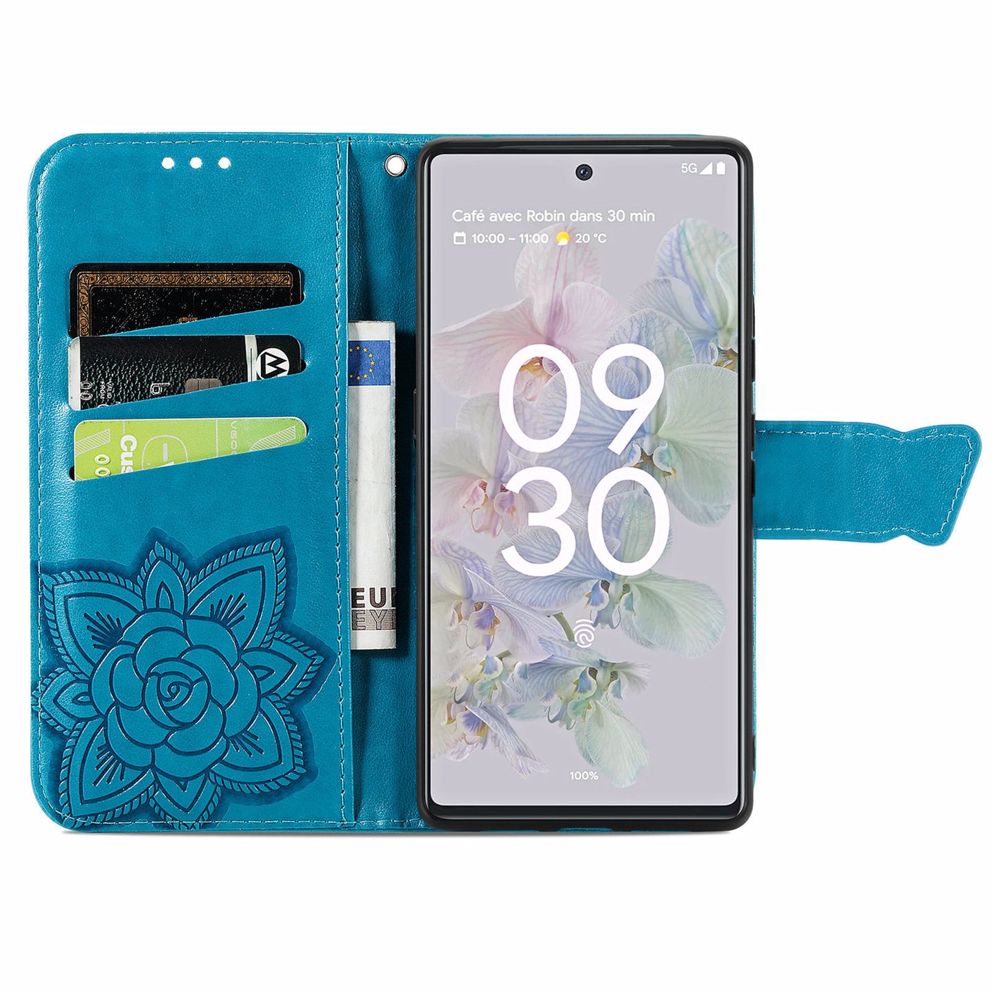 For Google Pixel 6a Butterfly Flower Imprinted PU Leather Wallet Flip Case with Stand and Strap