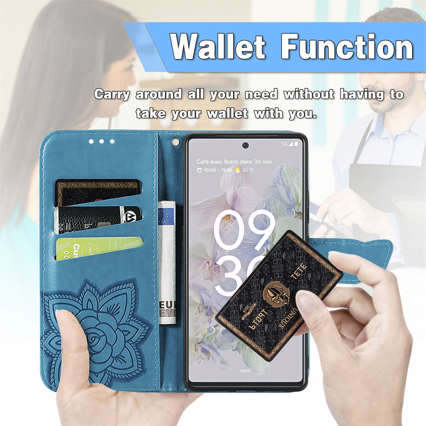 For Google Pixel 6a Butterfly Flower Imprinted PU Leather Wallet Flip Case with Stand and Strap