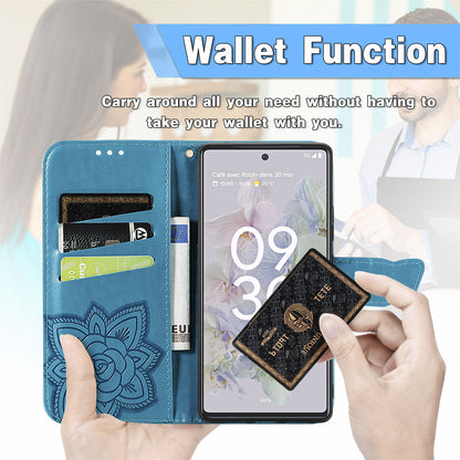 For Google Pixel 6a Butterfly Flower Imprinted PU Leather Wallet Flip Case with Stand and Strap