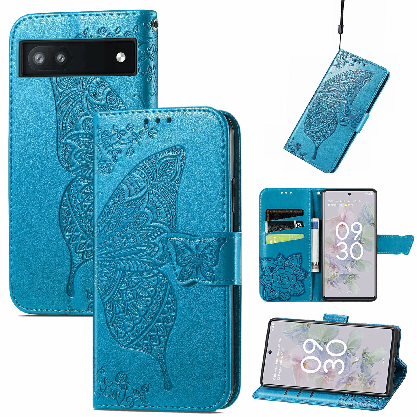 For Google Pixel 6a Butterfly Flower Imprinted PU Leather Wallet Flip Case with Stand and Strap