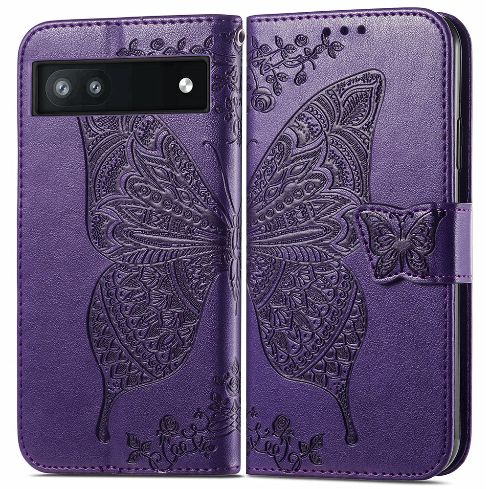 For Google Pixel 6a Butterfly Flower Imprinted PU Leather Wallet Flip Case with Stand and Strap