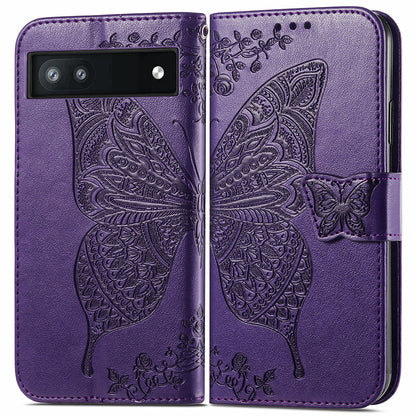 For Google Pixel 6a Butterfly Flower Imprinted PU Leather Wallet Flip Case with Stand and Strap