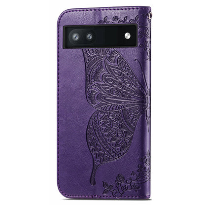 For Google Pixel 6a Butterfly Flower Imprinted PU Leather Wallet Flip Case with Stand and Strap