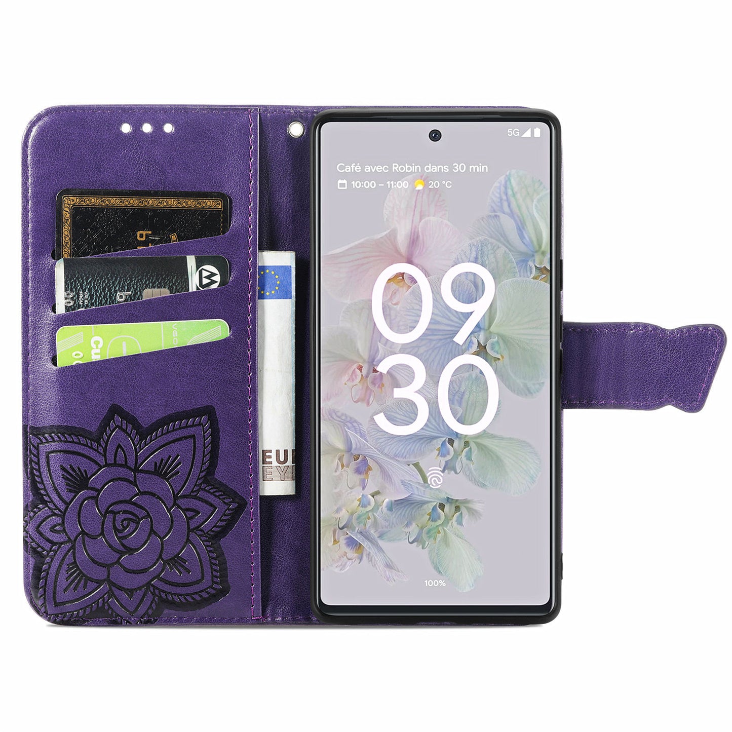 For Google Pixel 6a Butterfly Flower Imprinted PU Leather Wallet Flip Case with Stand and Strap