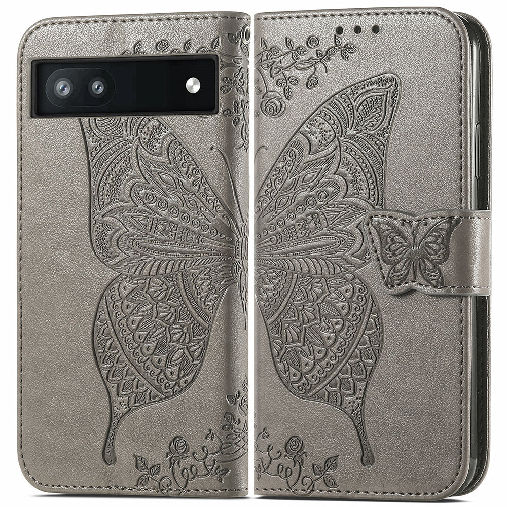 For Google Pixel 6a Butterfly Flower Imprinted PU Leather Wallet Flip Case with Stand and Strap