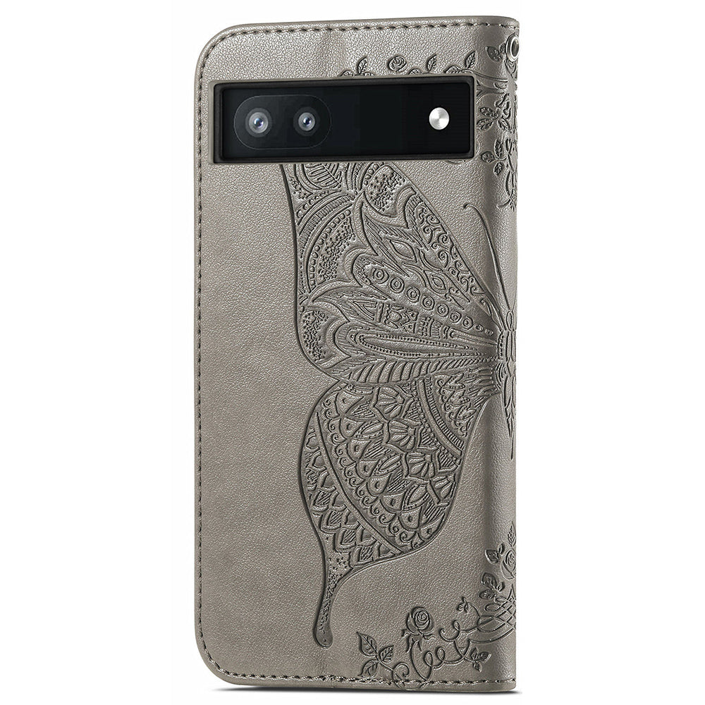 For Google Pixel 6a Butterfly Flower Imprinted PU Leather Wallet Flip Case with Stand and Strap