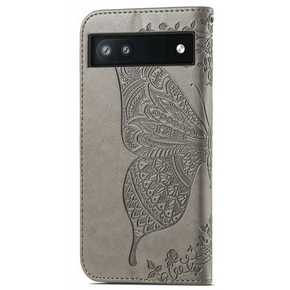 For Google Pixel 6a Butterfly Flower Imprinted PU Leather Wallet Flip Case with Stand and Strap