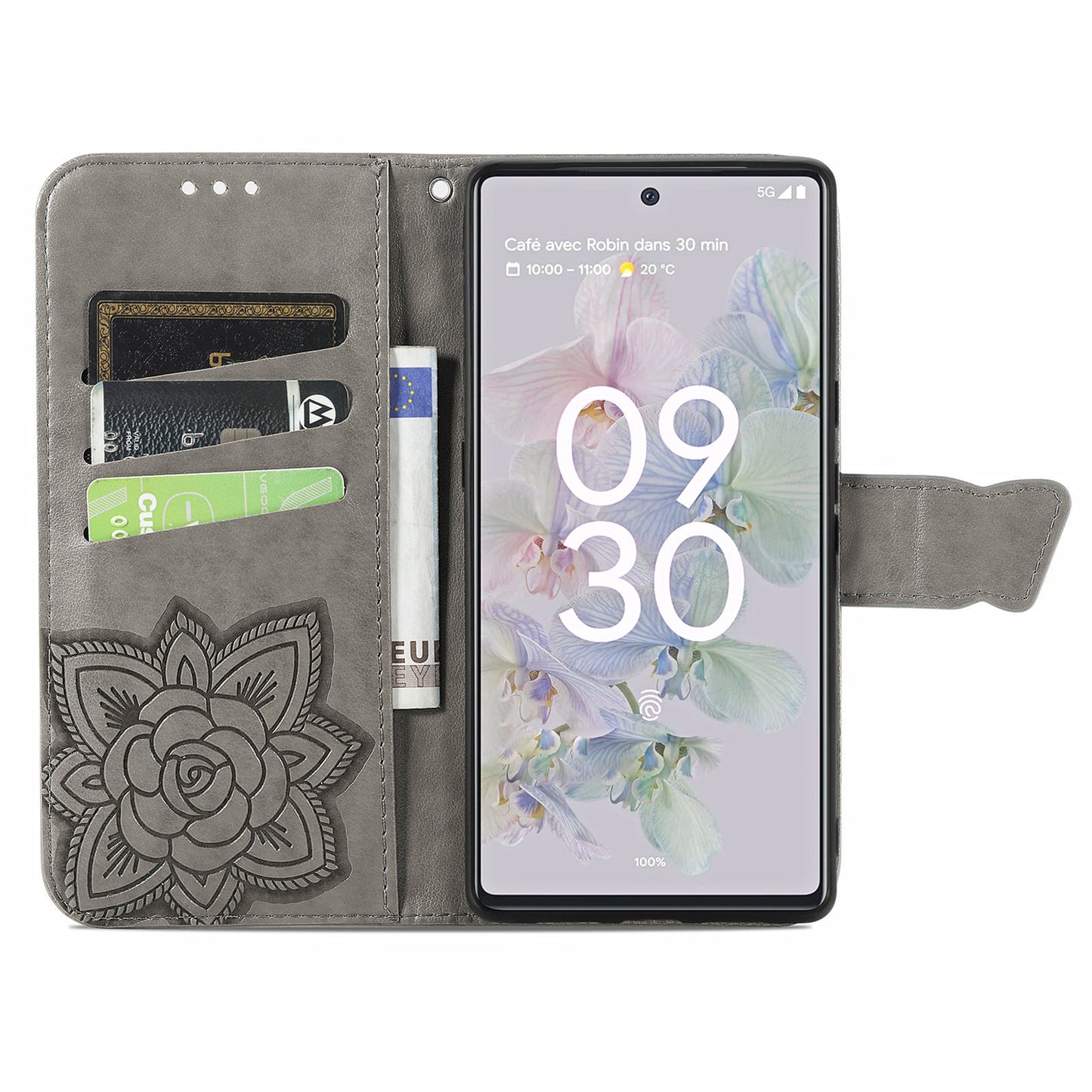 For Google Pixel 6a Butterfly Flower Imprinted PU Leather Wallet Flip Case with Stand and Strap