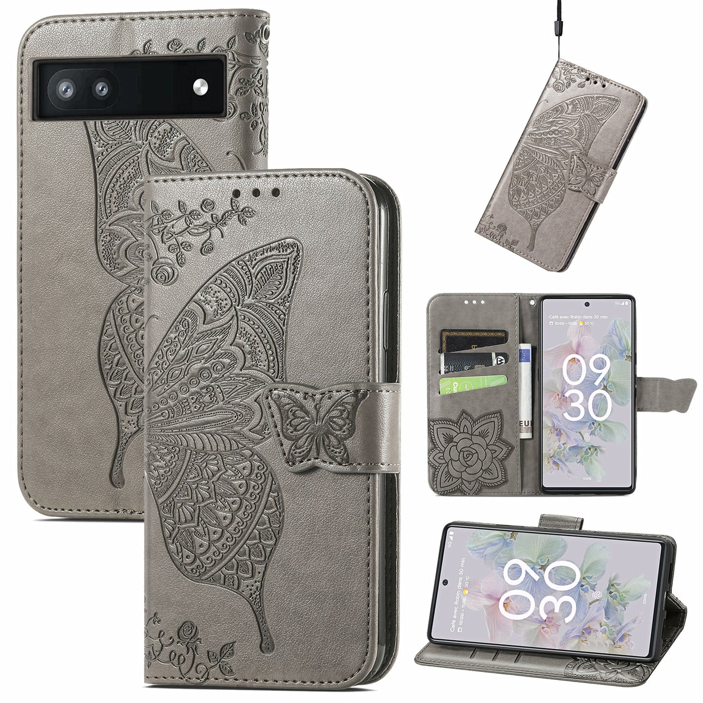 For Google Pixel 6a Butterfly Flower Imprinted PU Leather Wallet Flip Case with Stand and Strap