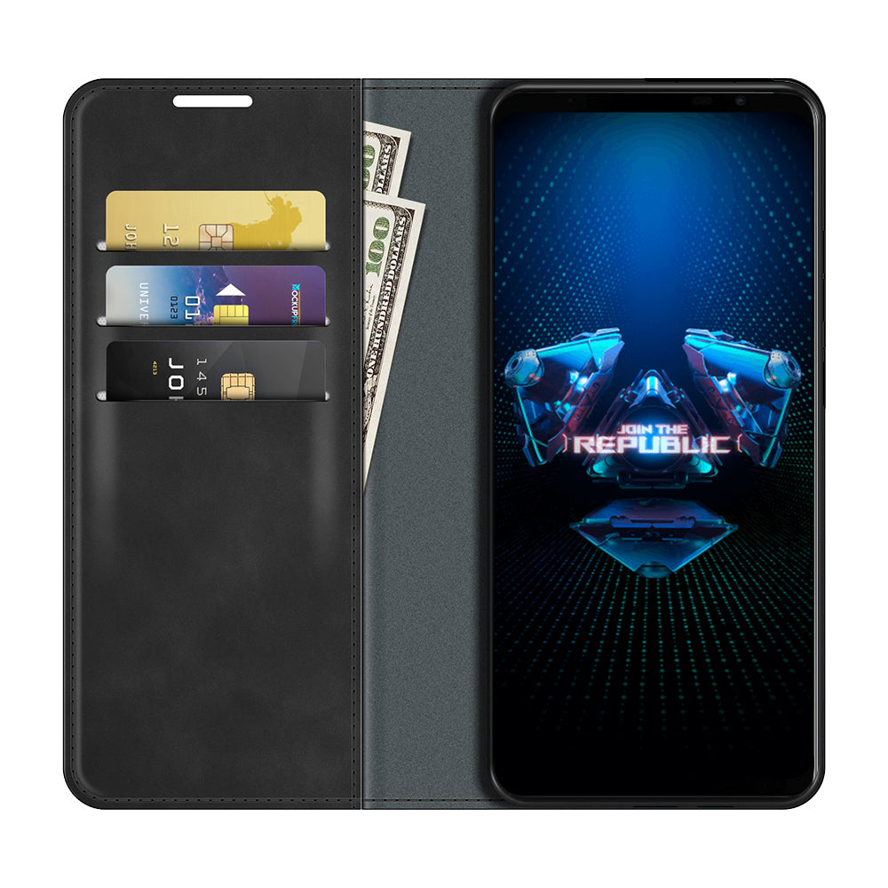 Skin-Touch Auto-absorbed Wallet Cover Leather Stand Shell for Asus ROG Phone 5