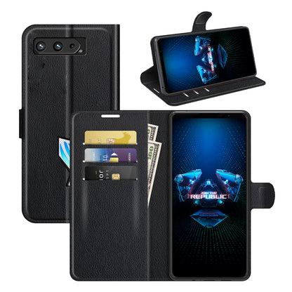 Litchi Skin Wallet Stand Leather Case Flip Mobile Phone Cover for Asus ROG Phone 5