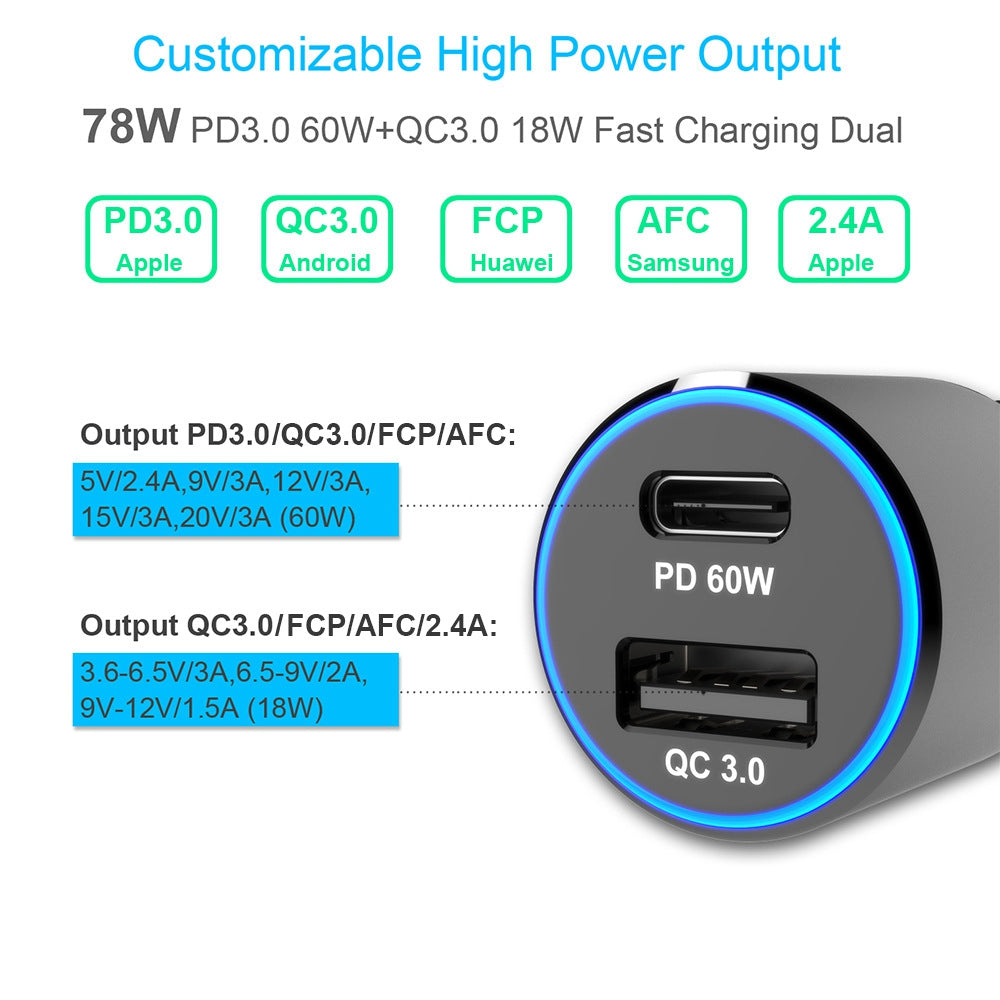 WOTOBE 78W USB-C PD 60W + QC3.0 18W 2 Ports Car Charger Laptop Phone Fast Charging Adapter