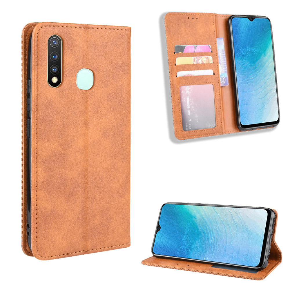 Vintage Style Leather Wallet Case for Vivo Y19/Y5S/U3/U20