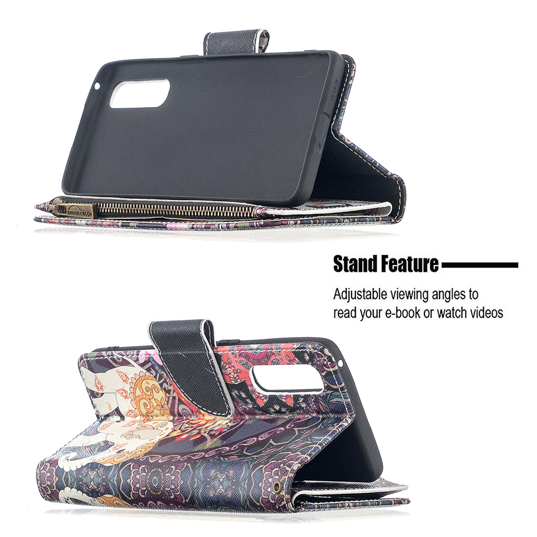 Printing Skin Zipper Pocket Leather Case for Oppo Reno3 Pro/Find X2 Neo