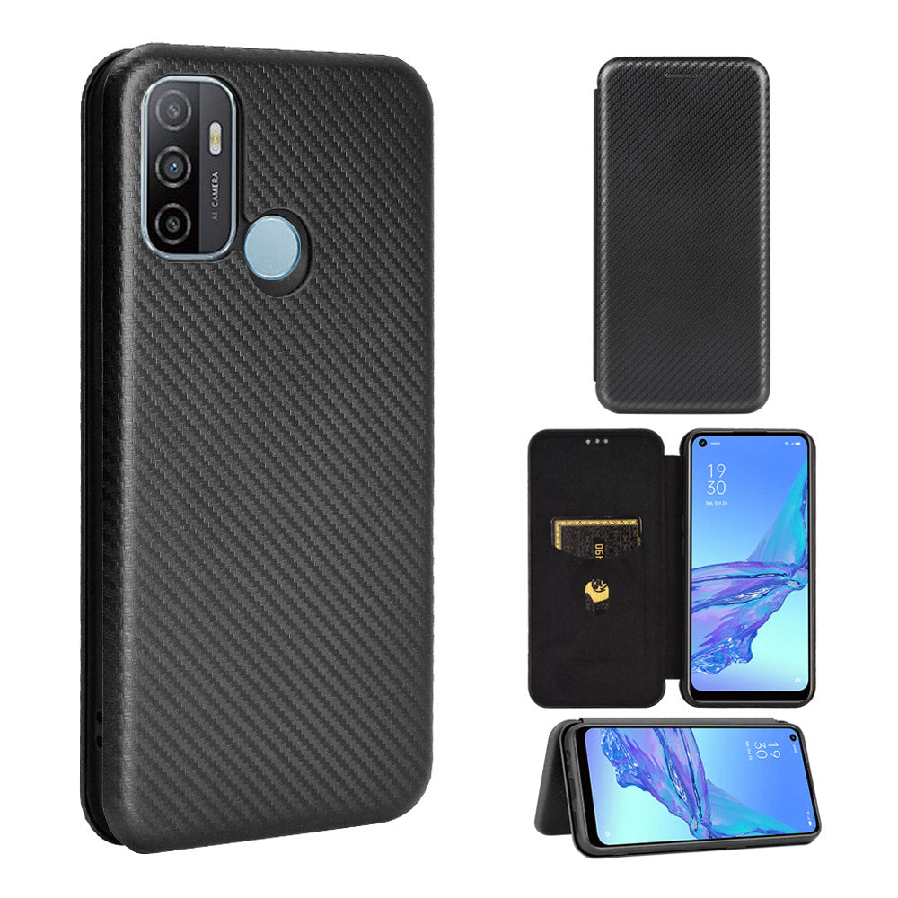 Carbon Fiber Auto-absorbed Leather Case with Card Slot for Oppo A53 (2020)/A32 (2020)