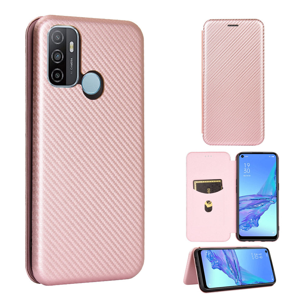 Carbon Fiber Auto-absorbed Leather Case with Card Slot for Oppo A53 (2020)/A32 (2020)