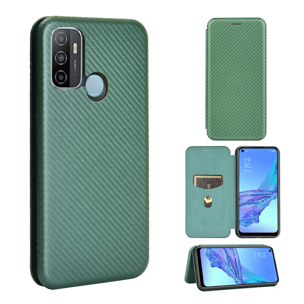 Carbon Fiber Auto-absorbed Leather Case with Card Slot for Oppo A53 (2020)/A32 (2020)