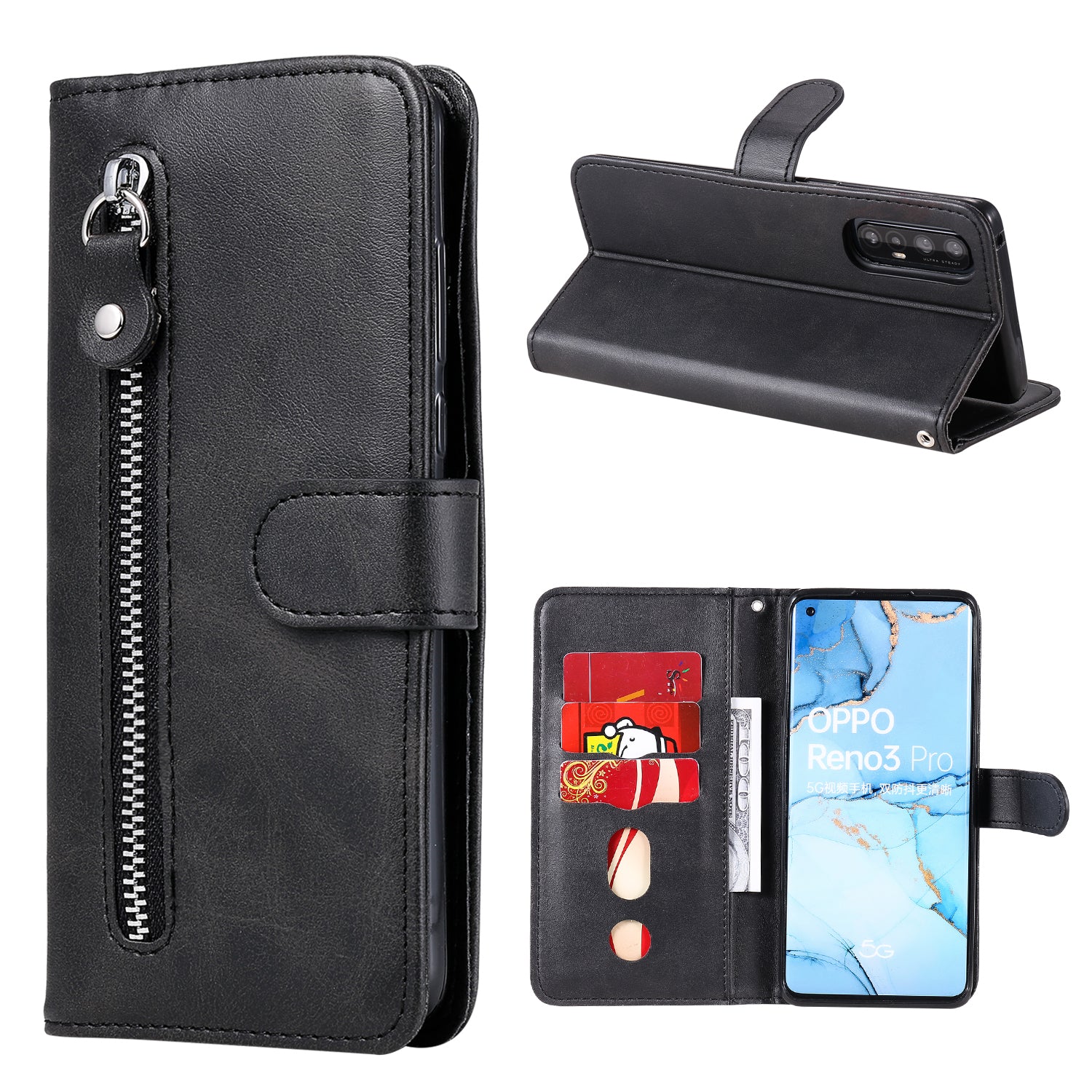 Zipper Pocket Leather Protector Wallet Case for OPPO Find X2 Neo/Reno3 Pro