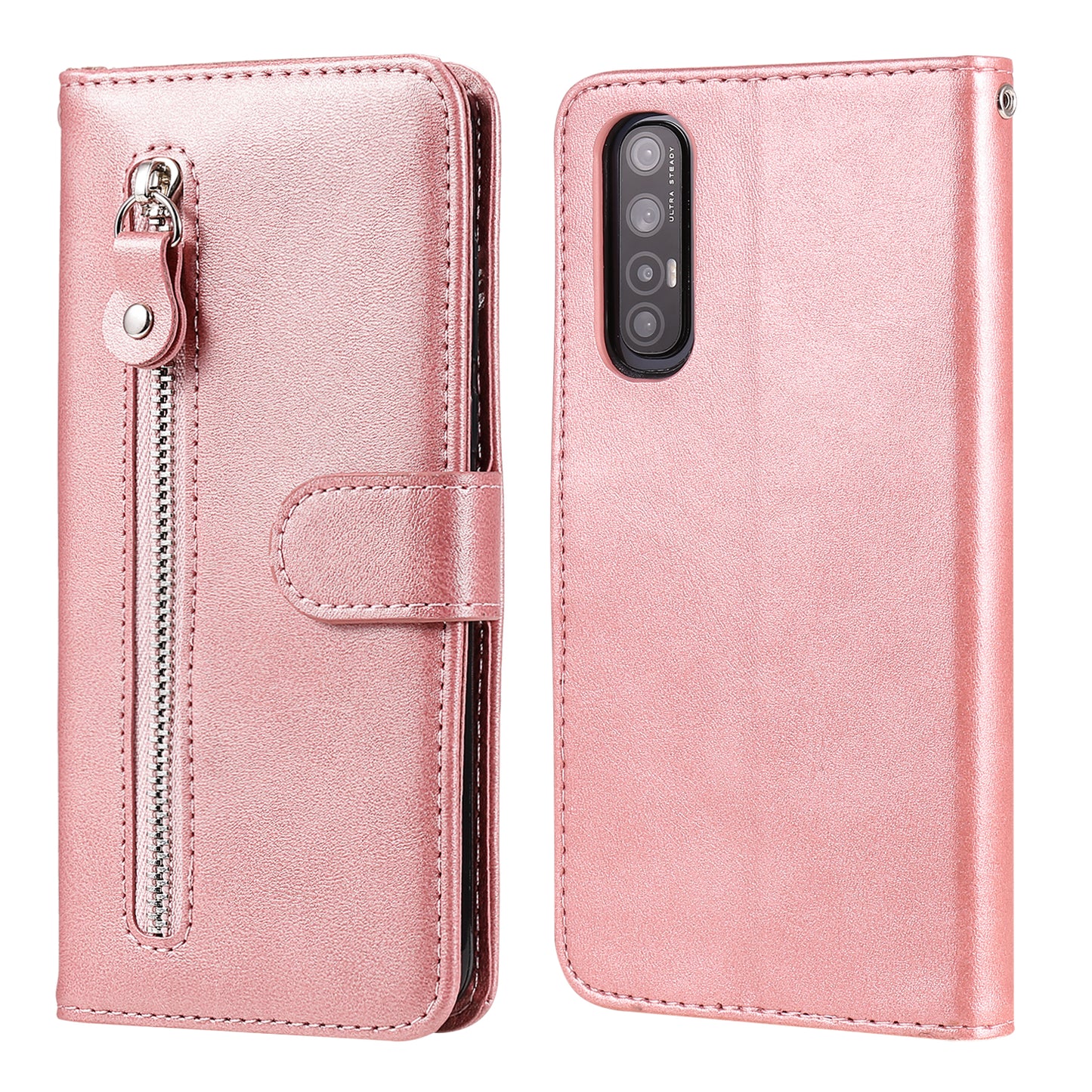 Zipper Pocket Leather Protector Wallet Case for OPPO Find X2 Neo/Reno3 Pro