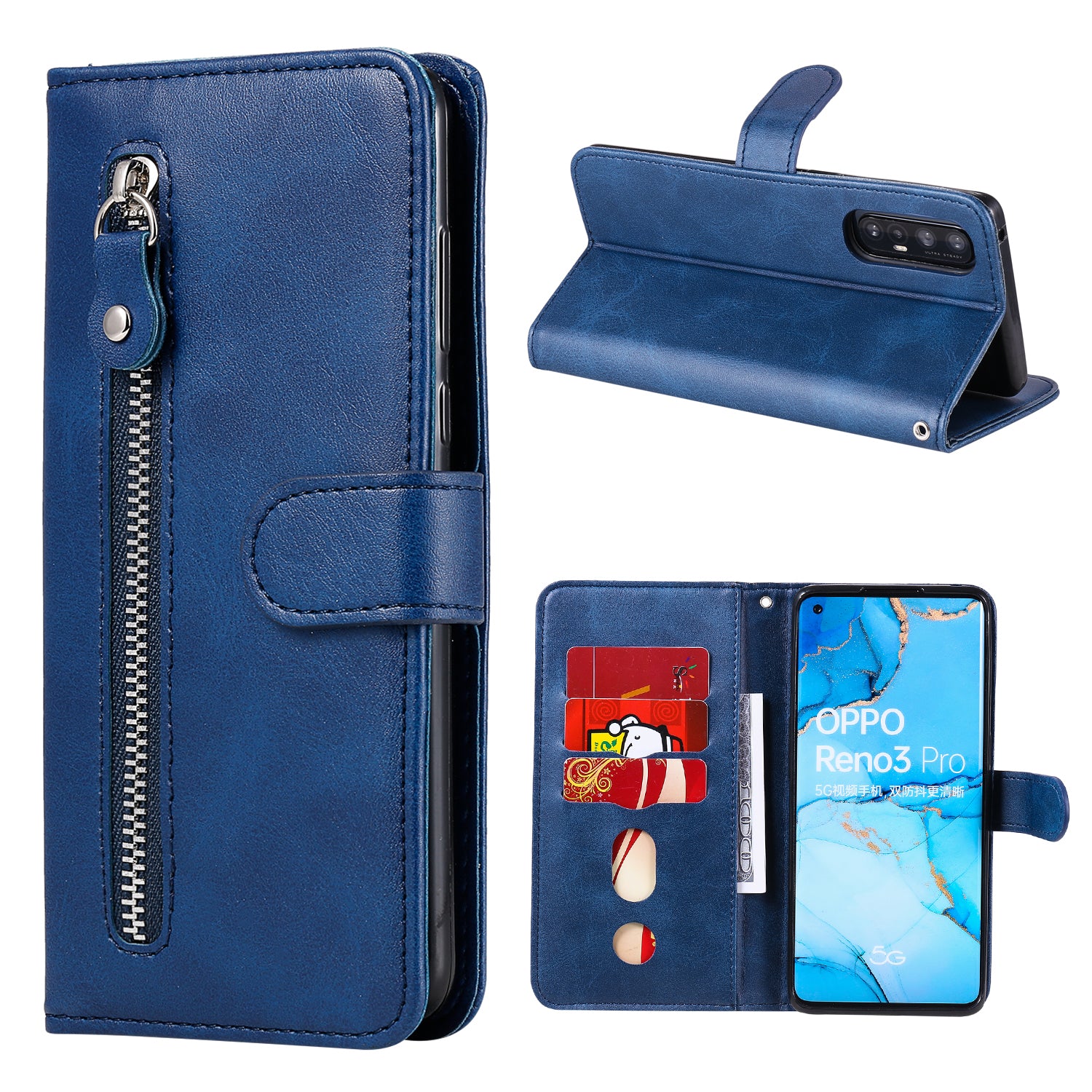 Zipper Pocket Leather Protector Wallet Case for OPPO Find X2 Neo/Reno3 Pro