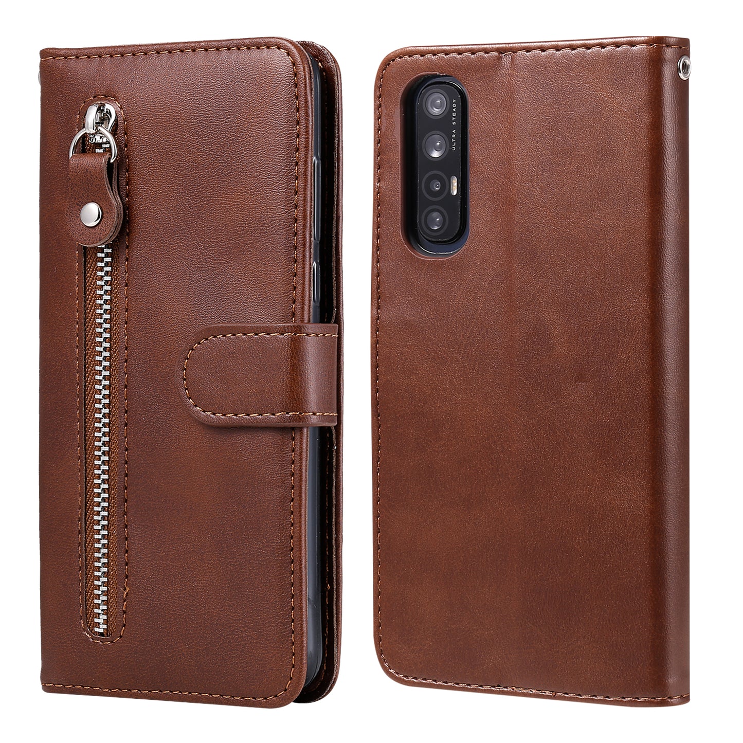 Zipper Pocket Leather Protector Wallet Case for OPPO Find X2 Neo/Reno3 Pro