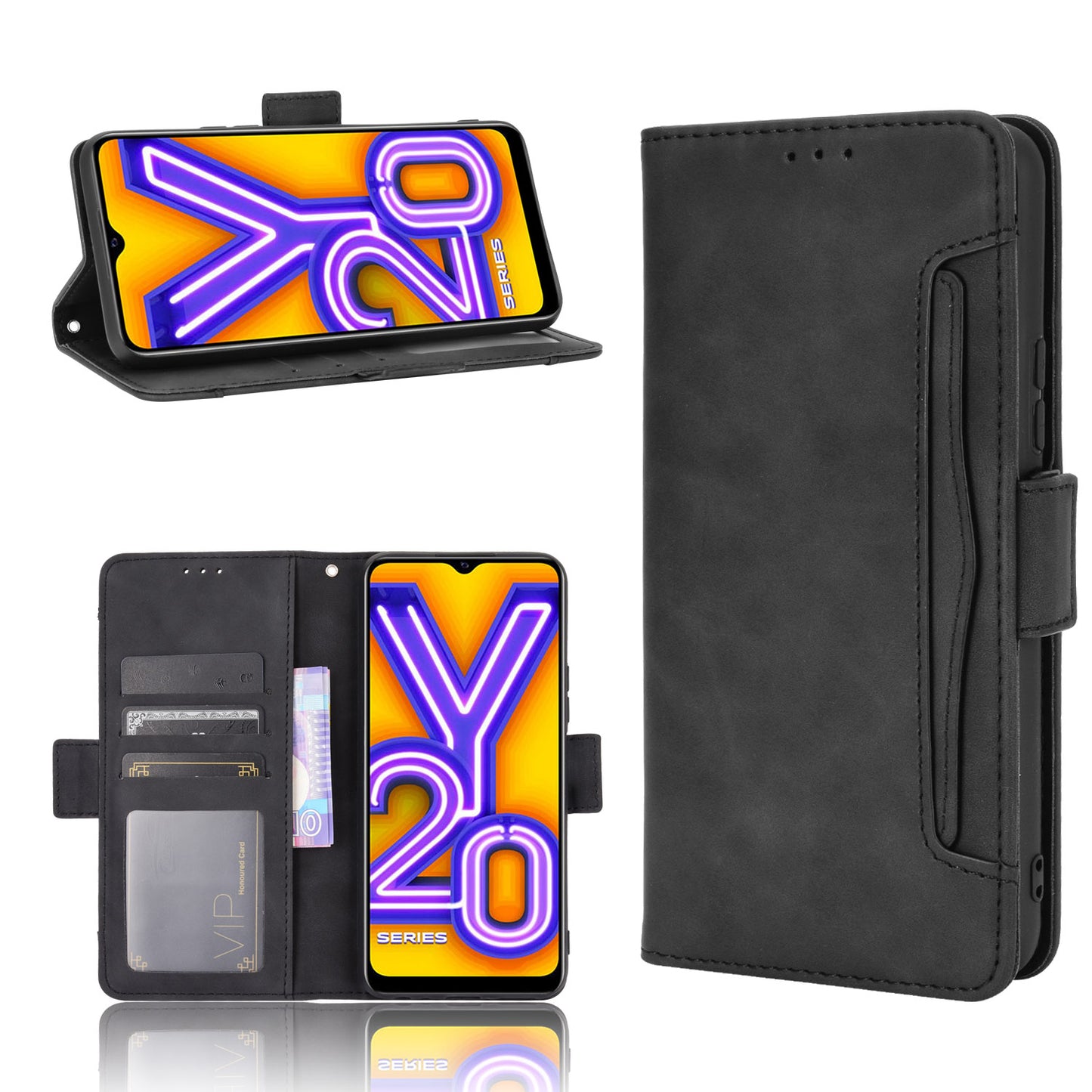 Leather Wallet Phone Cover Shell with Multiple Card-Carrying Slots for Vivo Y20 2020/Y20i