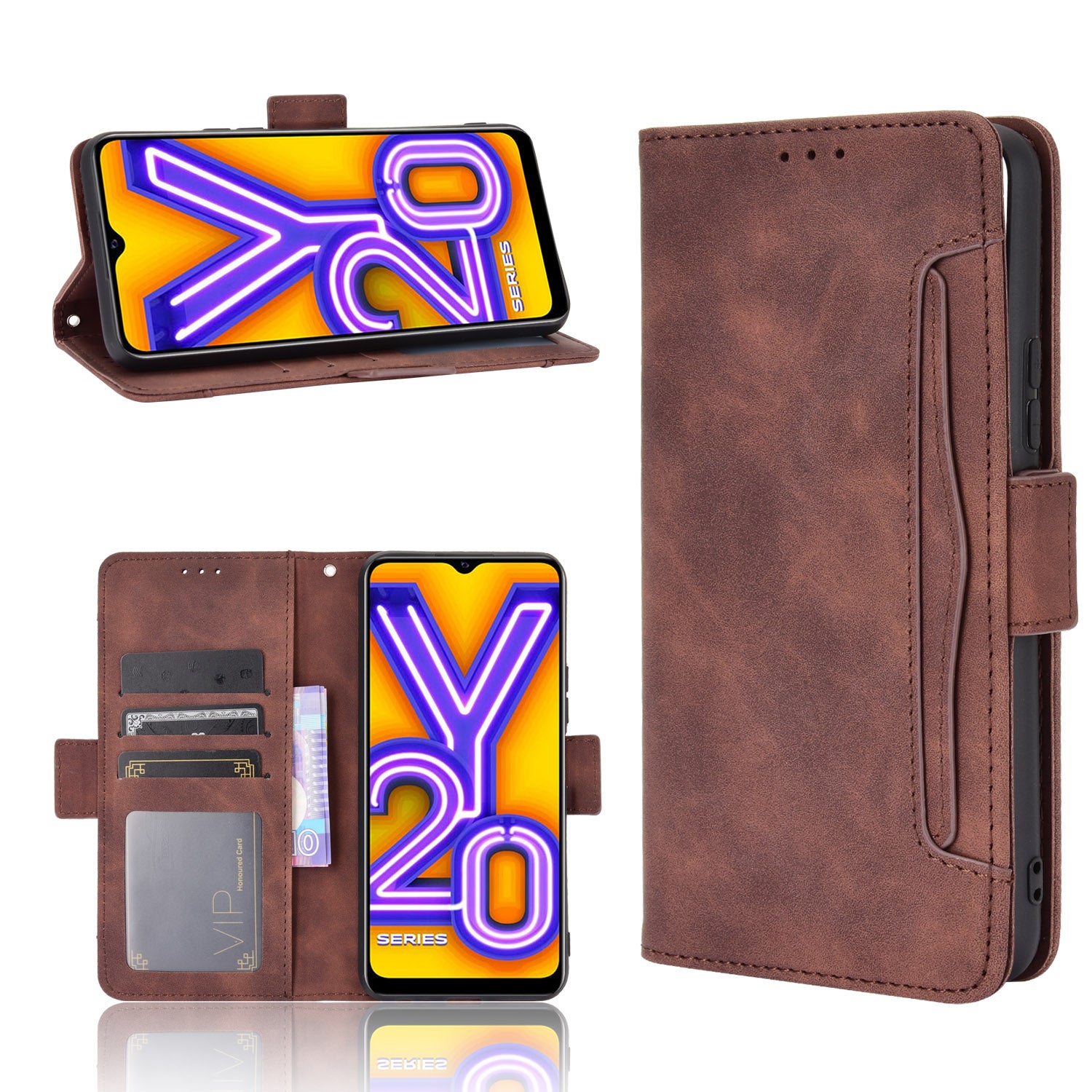 Leather Wallet Phone Cover Shell with Multiple Card-Carrying Slots for Vivo Y20 2020/Y20i