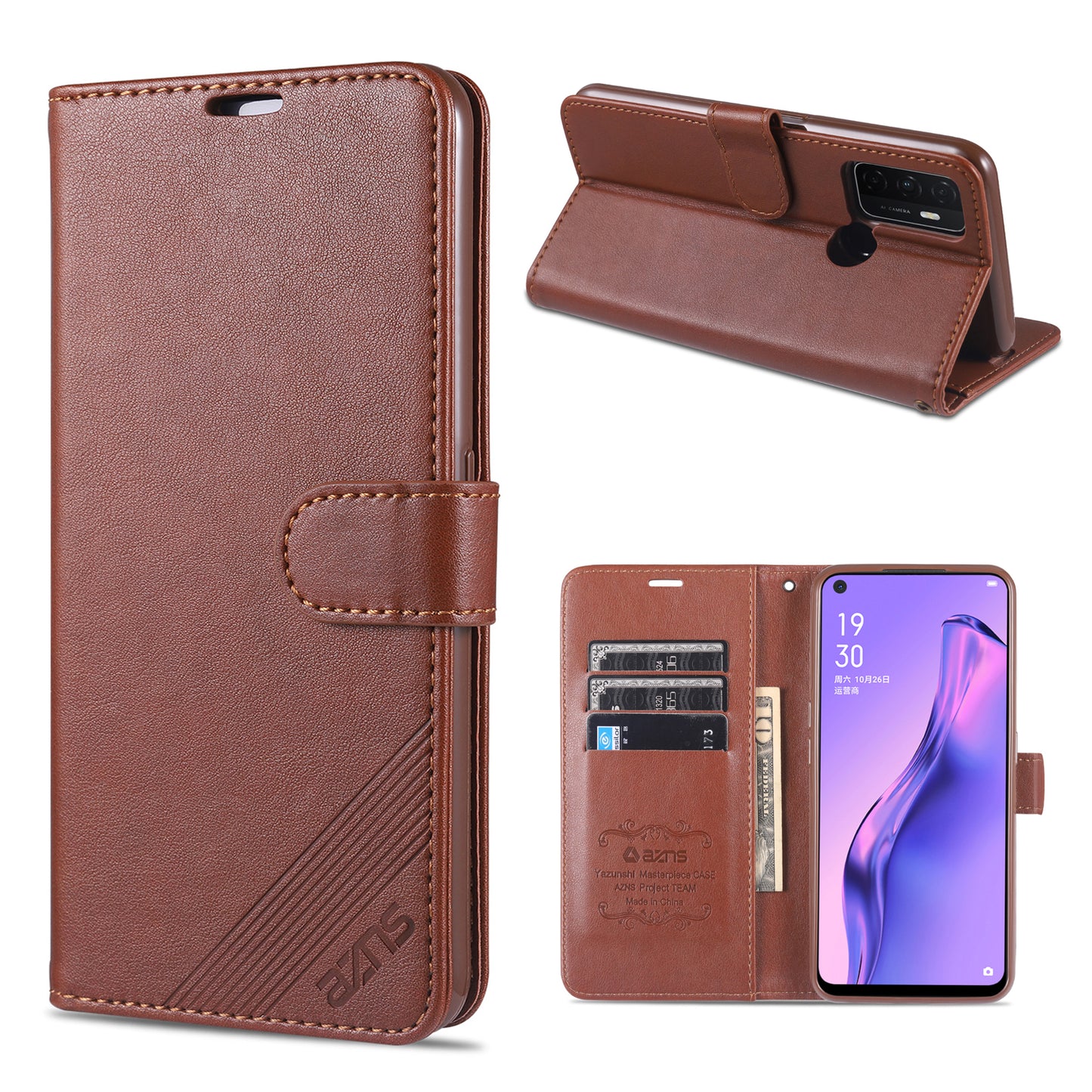 AZNS TPU + PU Leather Wallet Stand Phone Protective Case for Oppo A32 (2020)/A53 (2020)