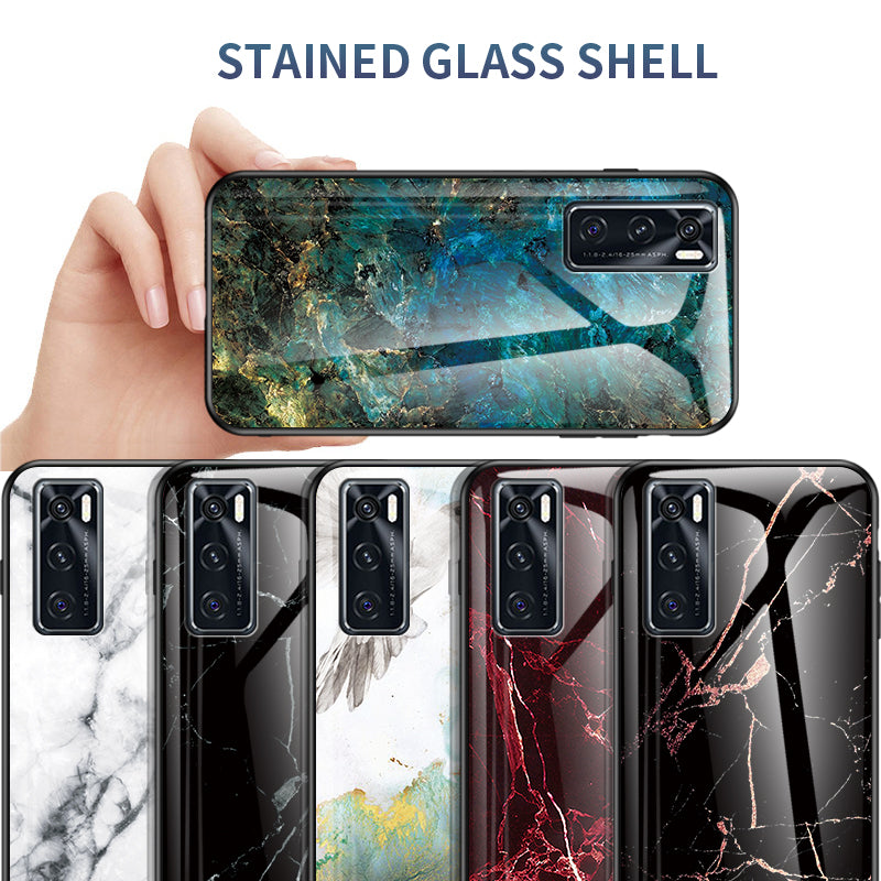 Marble Pattern TPU + PC + Tempered Glass Cell Phone Hybrid Cover for Vivo V20 SE