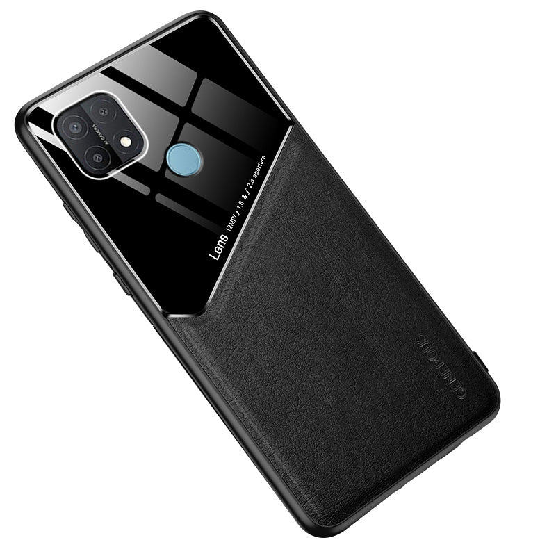 Leather Coated Glass PC TPU Combo Case for OPPO A15 Protector Cover [Built-in Magnetic Metal Sheet]