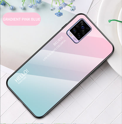 Soft TPU Edge + Color Gradient Tempered Glass Cell Phone Back Case for Vivo V20