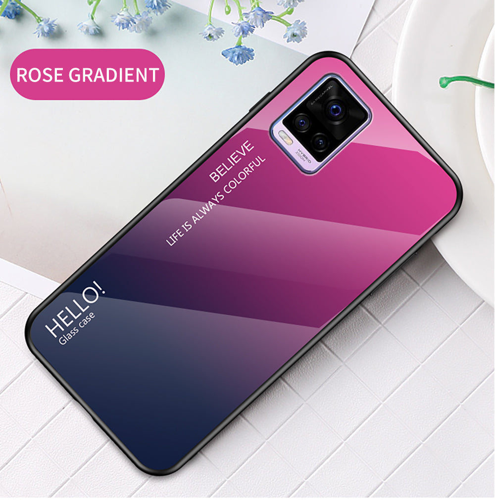 Soft TPU Edge + Color Gradient Tempered Glass Cell Phone Back Case for Vivo V20