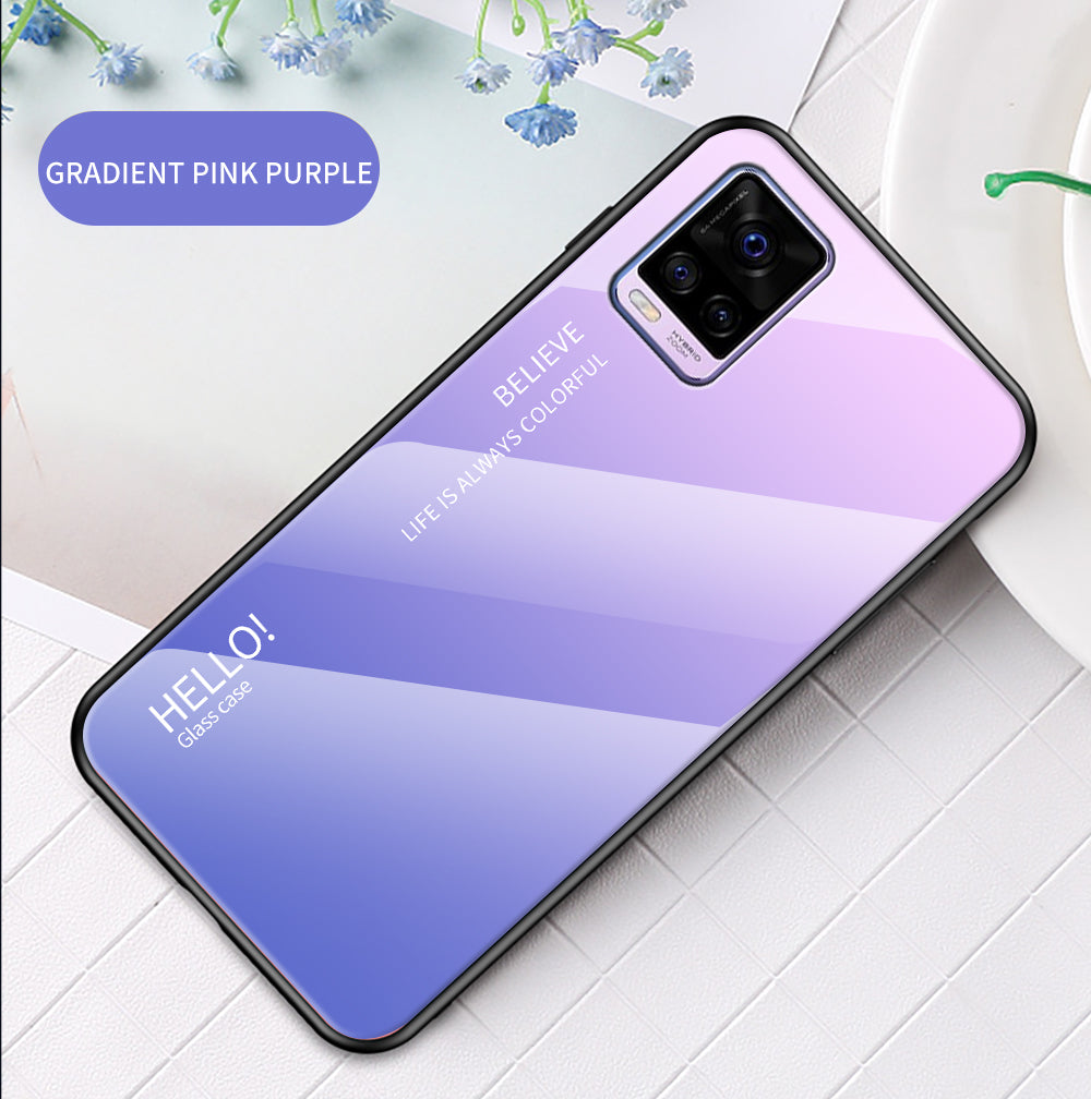 Soft TPU Edge + Color Gradient Tempered Glass Cell Phone Back Case for Vivo V20