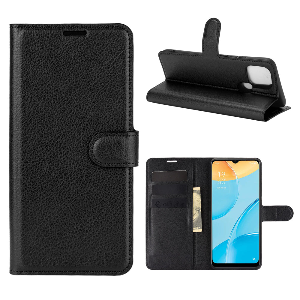 Litchi Skin Wallet Design Leather Phone Protective Cover Shell with Stand for OPPO A15