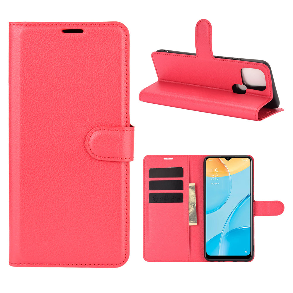 Litchi Skin Wallet Design Leather Phone Protective Cover Shell with Stand for OPPO A15