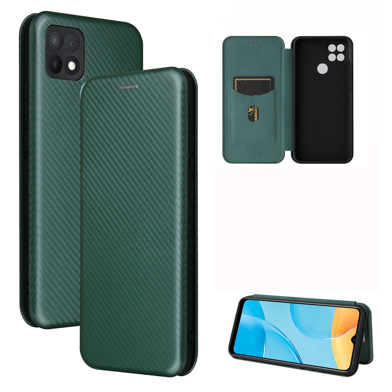 Carbon Fiber Texture Auto-absorbed Leather Protector for OPPO A15 Stand Shell