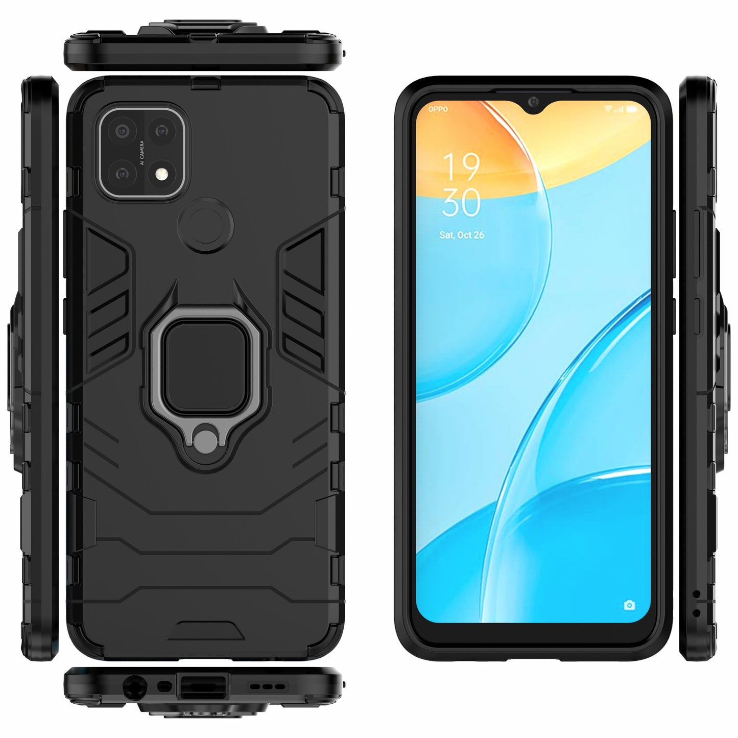 PC + TPU Hybrid Phone Case with Finger Ring Kickstand for OPPO A15