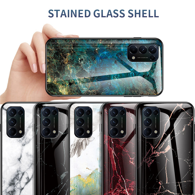 Tempered Glass Back Panel + TPU Frame Cell Phone Cover Case with Marbling Pattern for Oppo Reno5 5G