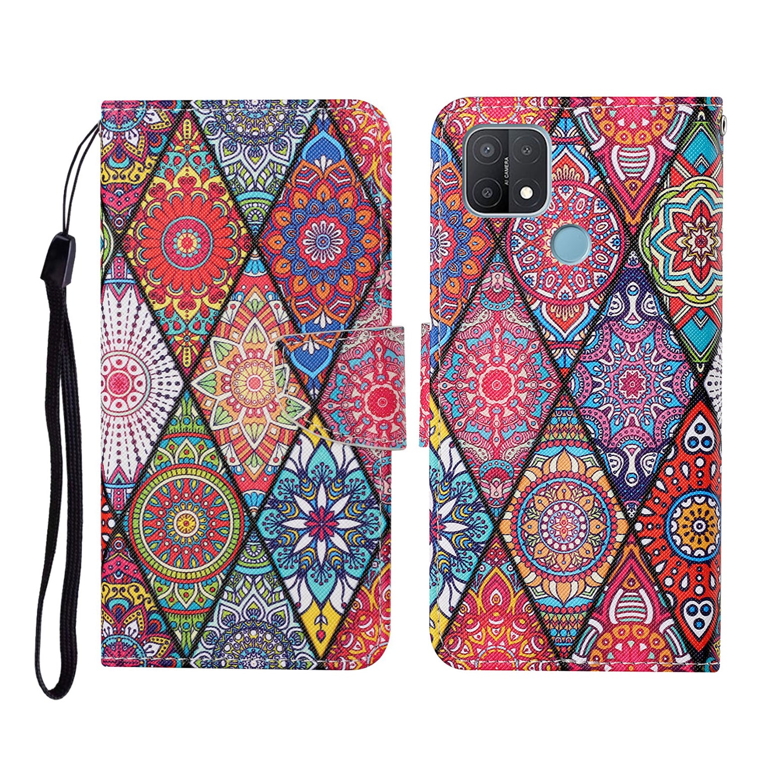 Full Protection Pattern Printing Cross Texture PU Leather Phone Cover Case with Stand for OPPO A15