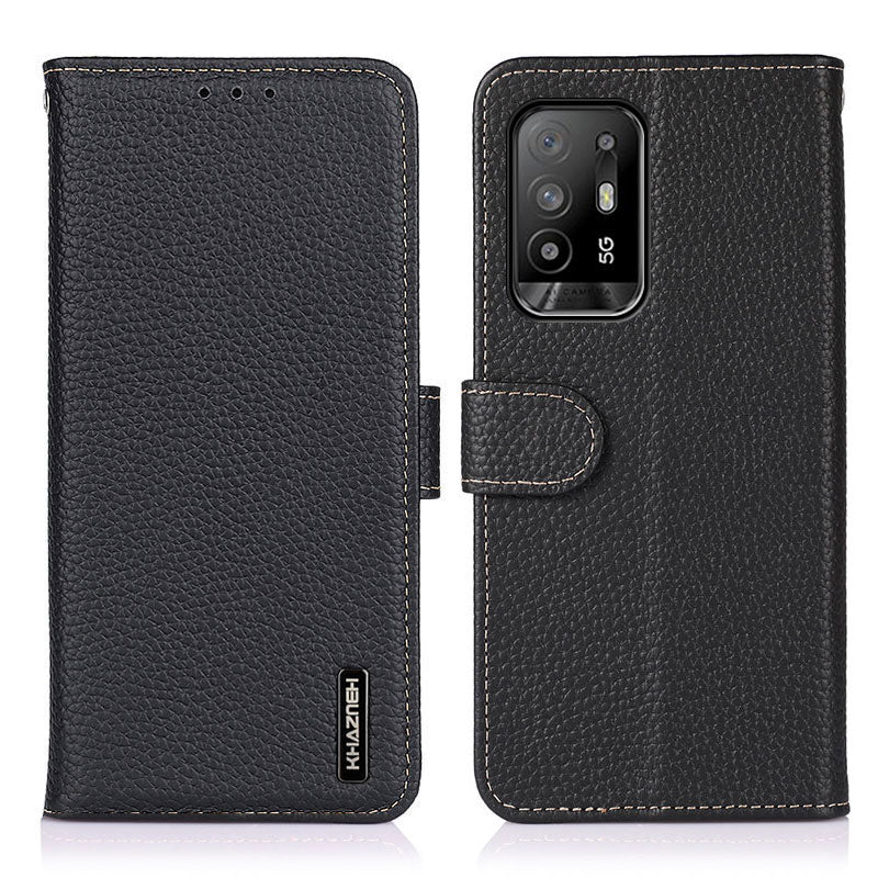 KHAZNEH for Oppo F19 Pro+ 5G/Reno5 Z/A94 5G Litchi Texture Top Layer Genuine Leather Wallet Design Shell Cell Phone Stand Case