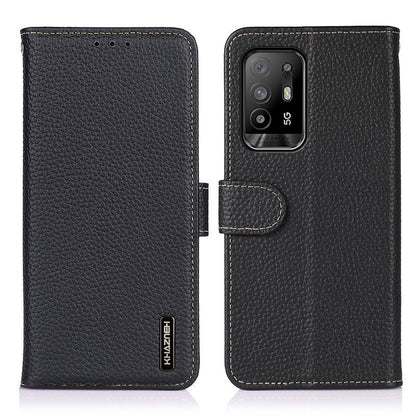 KHAZNEH for Oppo F19 Pro+ 5G/Reno5 Z/A94 5G Litchi Texture Top Layer Genuine Leather Wallet Design Shell Cell Phone Stand Case