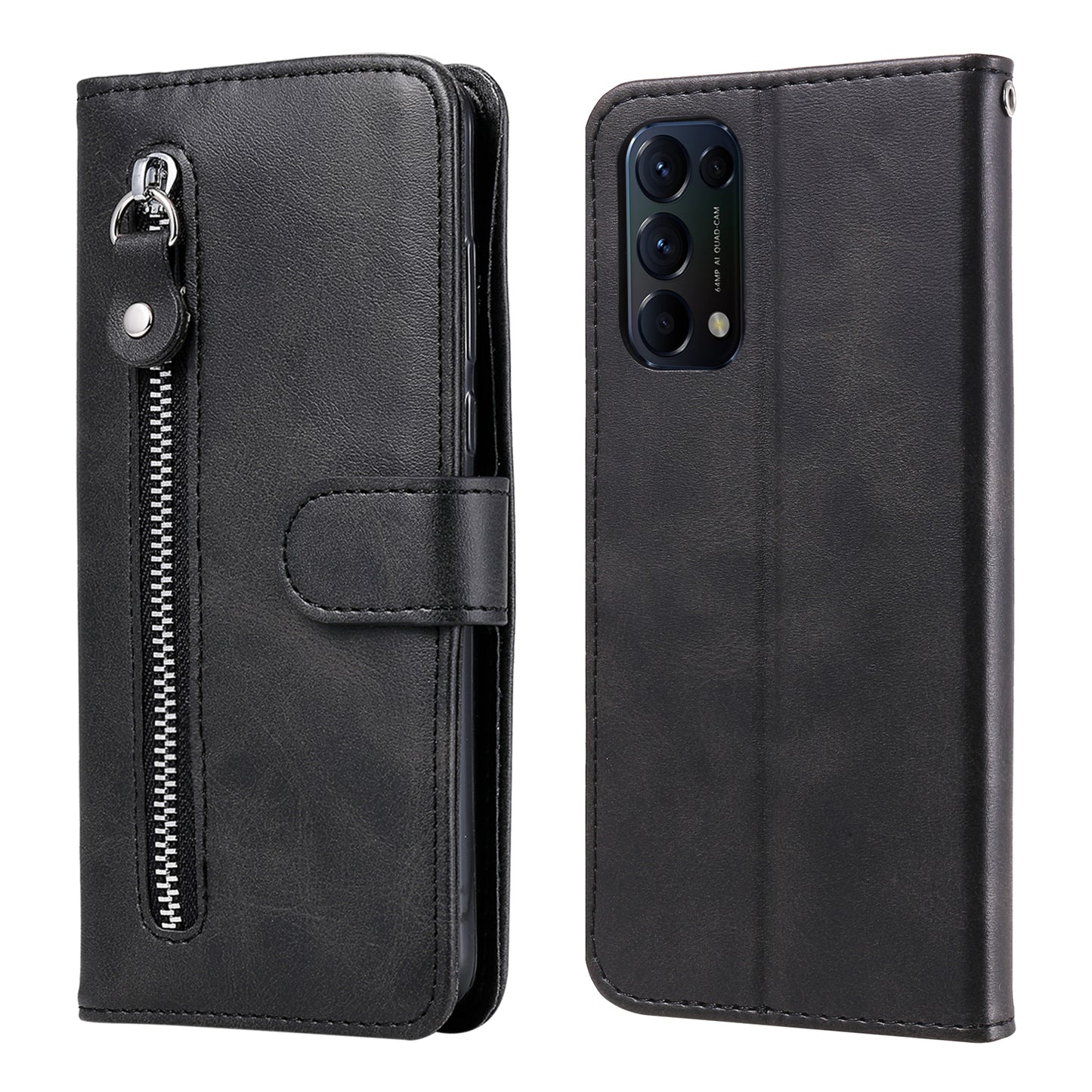 Wallet Stand Leather Protective Phone Case Zipper Pocket Design Cover Shell for Oppo Reno5 5G/Reno5 4G/Reno5 K/Find X3 Lite