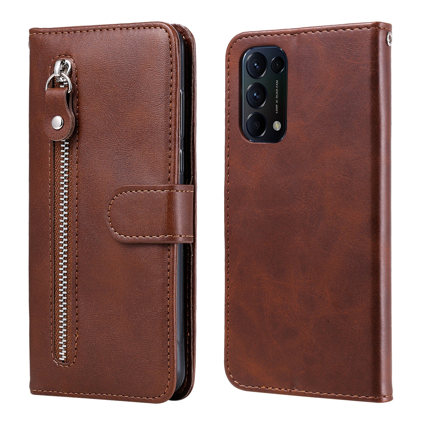 Wallet Stand Leather Protective Phone Case Zipper Pocket Design Cover Shell for Oppo Reno5 5G/Reno5 4G/Reno5 K/Find X3 Lite