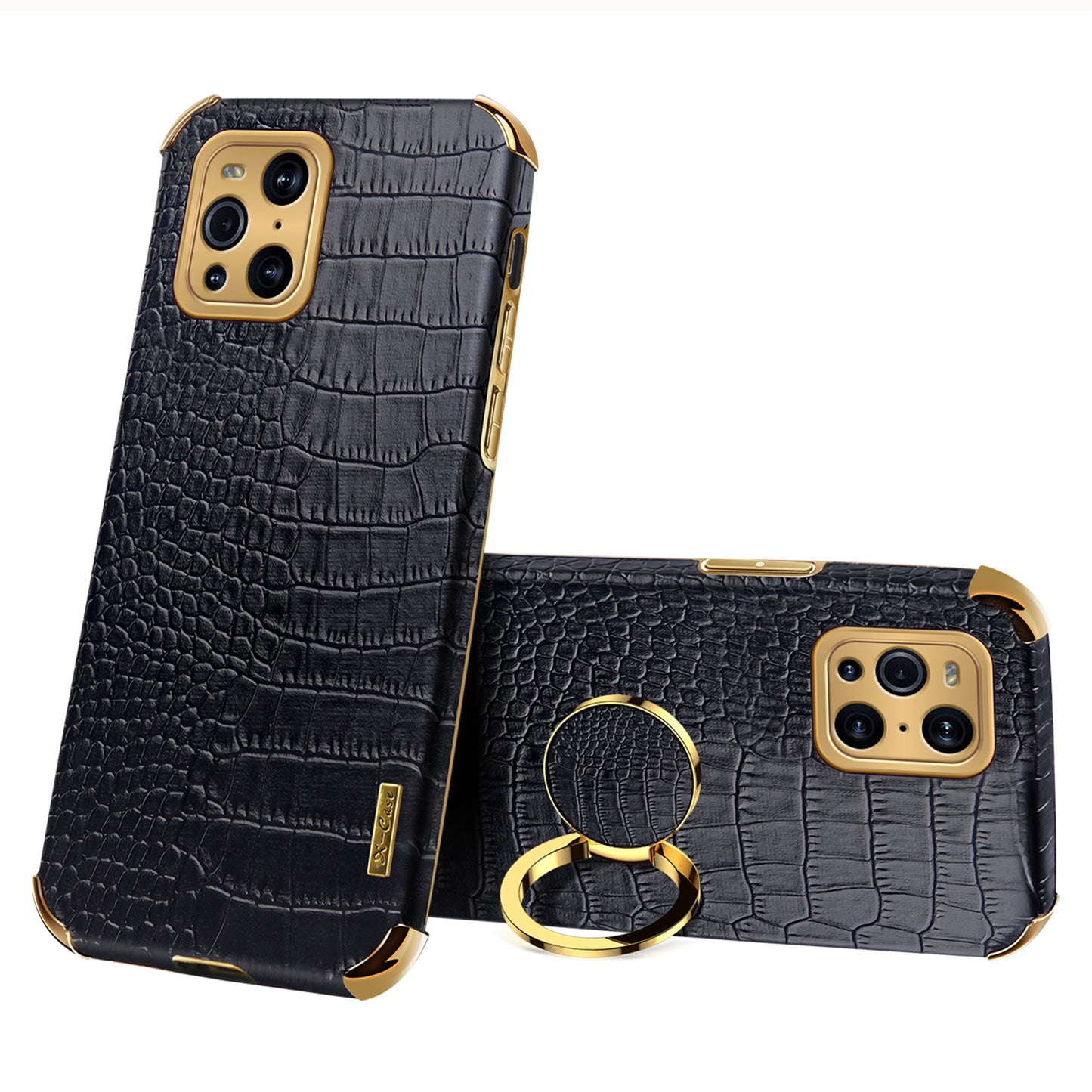 Electroplating Crocodile Texture PU Leather Coated TPU Precise Cutout Phone Cover with Ring Holder for Oppo Find X3 Pro / Oppo Find X3